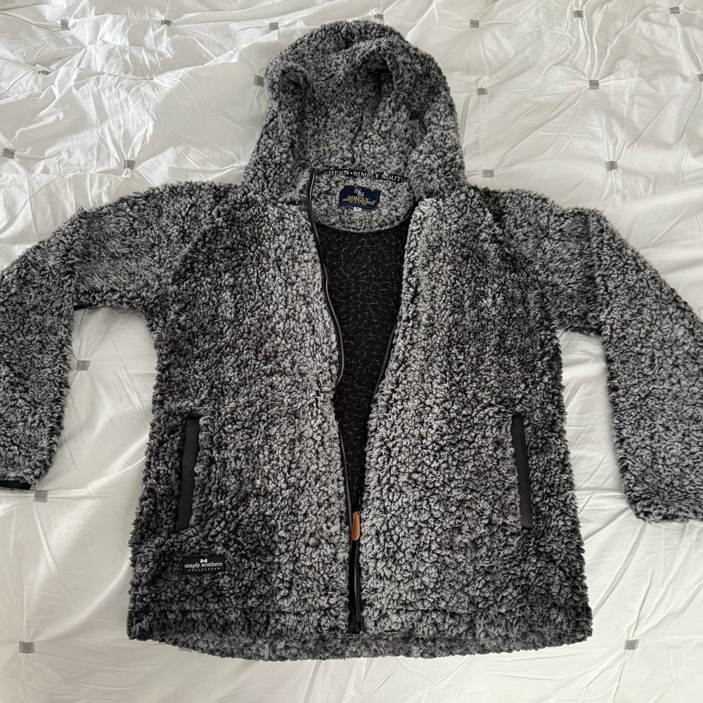 Simply Southern Sherpa Full Zip Womens Size M Gray Jacket Fleece Hoodie Coat